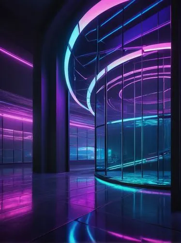 futuristic art museum,ufo interior,ultraviolet,neon light,colored lights,neon lights,nightclub,futuristic landscape,purpleabstract,spaceship interior,colorful light,glass wall,lightwave,flavin,3d background,wavevector,wall,light space,mainframes,hypermodern,Illustration,Realistic Fantasy,Realistic Fantasy 41