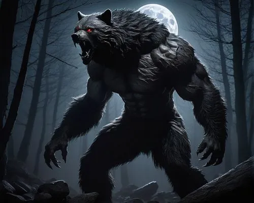 Werewolf, versus, werebear, standing back to back, muscular male, furry body, sharp claws, glowing eyes, full moon, dark forest, misty atmosphere, eerie silence, broken trees, scattered rocks, distant