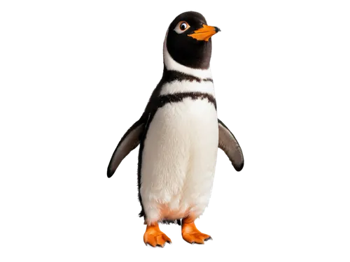 Adult penguin, solo, white belly, black back, orange beak, bright eyes, flipper feet, standing, looking up, cute expression, soft feathers, shiny beak, morning light, 3/4 composition, shallow depth of