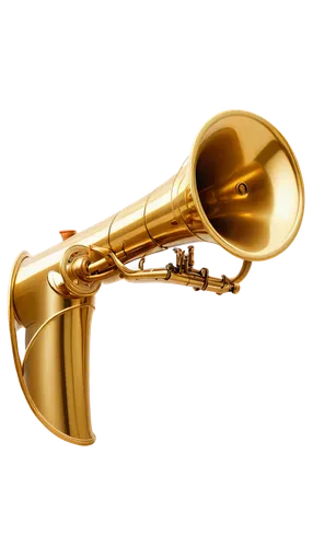 Brass air horn, shiny metal surface, rounded shape, three valves, mouthpiece, musical instrument, solo, morning sunlight, soft focus, 3/4 composition, warm color tone, cinematic lighting.,an old music