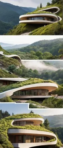 Eco-friendly architecture, harmonious with nature, blending into surroundings, curved lines, natural materials, wood, stone, green roof, vines crawling up walls, large windows, minimalism, simplicity,