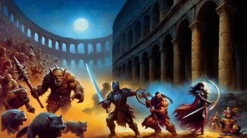 Sandy misty Collosseum 1986 painting,an artwork depicts many fantasy creatures walking in the street,lankhmar,hall of the fallen,dragonlance,malazan,conclave,guards of the canyon