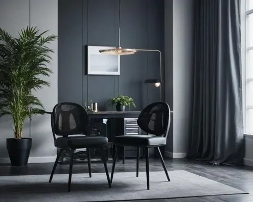 créez une photo d'ambiance avec ce siège noir sans accoudoir, dans un bureau professionnel.
Ajoutez une table, des accessoires et une plante verte,the dark dining room is accented with grey ds and an 