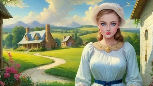 Romantic masterpiece oil painting, beautiful curvy busty woman portrait, silk midwife dress, standing, nostalgic 1950's style kitsch, breathtaking beautiful epic vast American Midwestern landscape, li