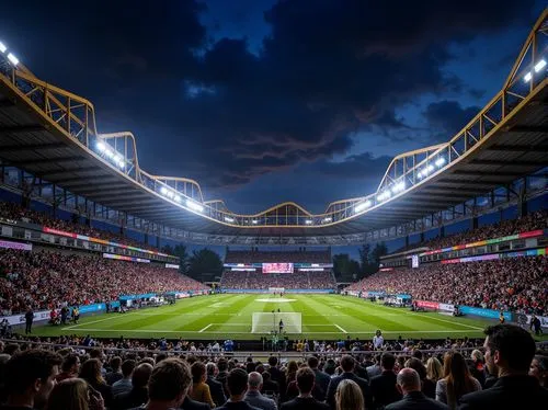 Rugged football stadium, cantilevered roofs, angular steel beams, vibrant team colors, dynamic LED lighting, urban cityscape backdrop, crowded seating areas, modern structuralist architecture, asymmet