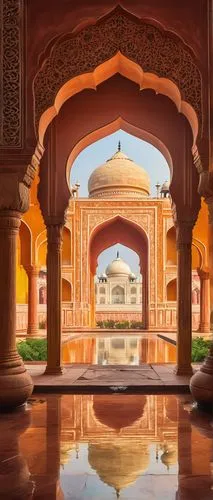 Ancient Indian architecture, intricate carvings, ornate pillars, vibrant turmeric yellow walls, Taj Mahal-inspired domes, delicate stone latticework, red sandstone base, grand entrance gates, courtyar