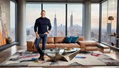 Middle-aged, muscular man, Jake Arnold, standing, leaning against a modern minimalist designed sofa, stylishly dressed in a black turtleneck sweater, dark blue jeans, brown leather belt, and sleek sil