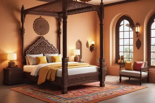 moroccan pattern,ornate room,riad,marrakesh,haveli,bedchamber,four poster,souk madinat jumeirah,orchha,great room,inglenook,interior decor,morocco,interior decoration,patterned wood decoration,arabic background,la kasbah,guest room,dorne,islamic lamps,Unique,3D,3D Character