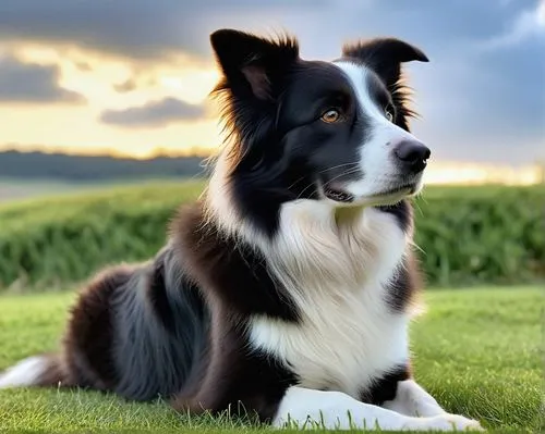 Border Collie, side profile, handsome dog, black and white fur, fluffy ears, bright brown eyes, slightly tilted head, sitting, grassy lawn, sunny afternoon, gentle breeze, few clouds in the sky, shall