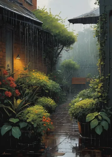 rainy,rainy day,after rain,rainy season,after the rain,rainwater,rainstorm,rain,rain shower,heavy rain,rains,studio ghibli,alleyway,rainwater drops,monsoon,raining,alley,in the rain,walking in the rain,light rain,Conceptual Art,Sci-Fi,Sci-Fi 01