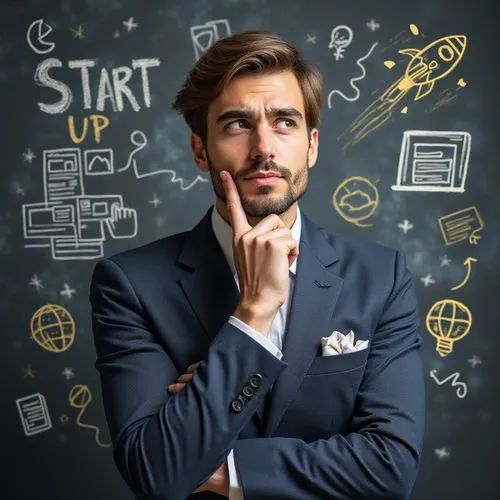 A handsome man in a suit thinking about his business plan, with a rocket and "Start Up" written on a blackboard, along with a drawing of a website structure, digital marketing icons, and social media 