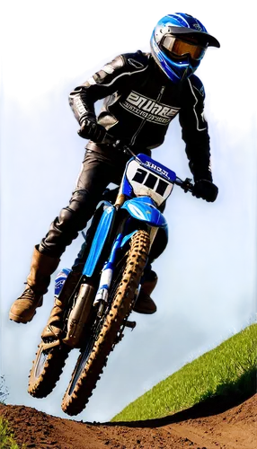 Dirt bike, racing track, sunny day, blue sky, green grass, muddy terrain, jumps, curves, ramps, sandy patches, rider in action, helmet, goggles, leather jacket, pants, boots, dynamic pose, motion blur