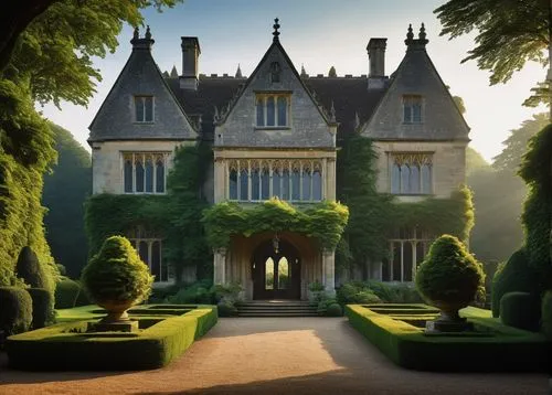 Historic Gloucestershire mansion, grand entrance, stone walls, Gothic architecture, intricate carvings, stained glass windows, ornate doorways, symmetrical facade, lush greenery, overgrown vines, Engl