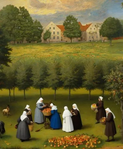 agricultural scene,girl picking apples,mennonites,church painting,pastoral,mennonite