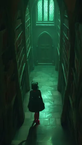 A girl walks towards a door.,the little girl is looking for her books in the liry,librarian,little girl reading,bookworm,bookworms,bibliophile,scholar