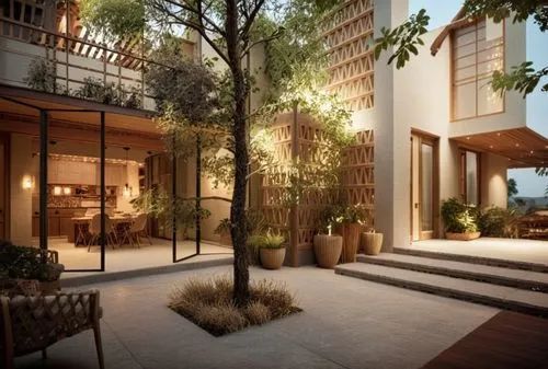 a building with many plants growing in the courtyard,garden design sydney,landscape design sydney,amanresorts,3d rendering,landscape designers sydney,bamboo plants,Photography,General,Cinematic