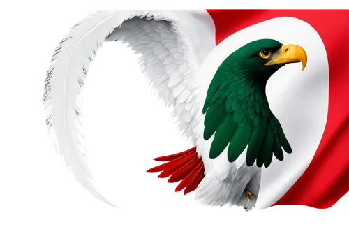 Mexican flag, waving, vertical composition, vibrant green white red colors, intricate eagle design, detailed feathers, serpent in beak, national symbol, soft natural light, slight movement, transparen