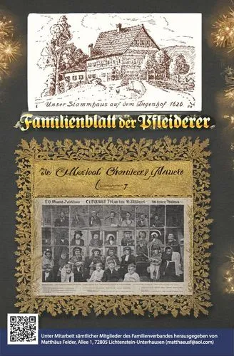 A cover of a German family-clan’s newsletter. New Year’s edition. Place a few headlines over the cover. Text color: Black or White.,apfelwein,christbaumkugeln,emmenthaler cheese,kristbaum ball,lebkuch