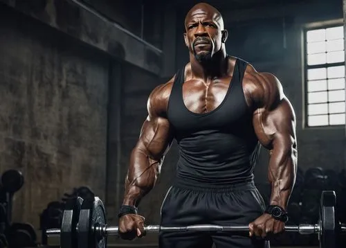 Terry Crews, muscular man, athletic physique, chiseled abs, intense gaze, shaved head, goatee, sweat drips down chest, tattoos on arms, black tank top, gym shorts, sneakers, weights in hand, intense w