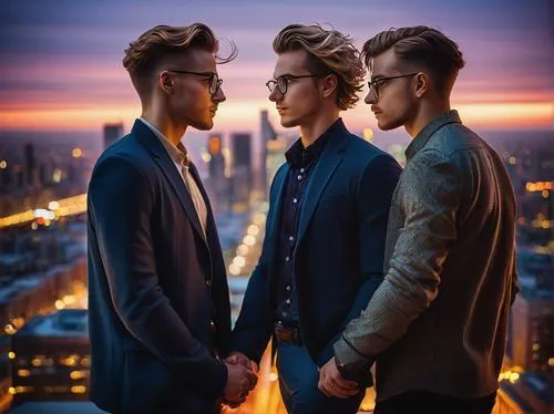 trio,business men,businessmen,spotify icon,three kings,above the city,capital cities,kings,sugar pine,pompadour,vertigo,three wise men,real-estate,suits,album cover,photo shoot for two,gay love,holy three kings,quiff,twin tower,Art,Classical Oil Painting,Classical Oil Painting 12