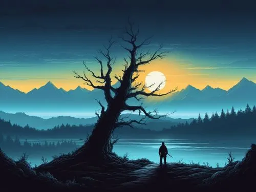 landscape background,lone tree,isolated tree,nature background,world digital painting,fantasy landscape,fantasy picture,mobile video game vector background,cartoon video game background,dusk background,background vector,silhouette art,forest landscape,mountain landscape,moonsorrow,forest background,beautiful wallpaper,lonetree,nature landscape,mountain sunrise,Illustration,Realistic Fantasy,Realistic Fantasy 25