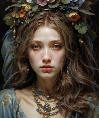 mystical portrait of a girl,girl in a wreath,faery,fantasy portrait,girl in flowers,faerie,wreath of flowers,jessamine,fairy queen,flower fairy,portrait of a girl,flower crown of christ,mucha,beautiful girl with flowers,flower girl,golden wreath,flora,dryad,spring crown,blooming wreath