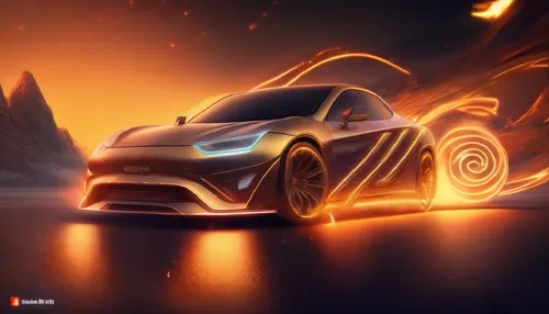 a futuristic looking car with glowing neon flames,3d car wallpaper,gameloft,burnout fire,speedster,mobile video game vector background,fire background