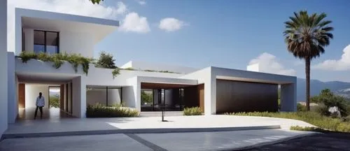 Diseñar el exterior de una casa estilo minimalista ubicada en una privada, rodeada de un entorno verde, con una calle de asfalto al frente. Utilizar colores neutros como blanco y arenas en plafones, y