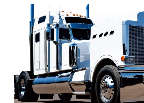 Semi-truck, white paint job, chrome wheels, large rearview mirrors, angular headlights, muscular bumper, V8 engine, 18-wheel rims, low-angle shot, dramatic lighting, cinematic composition, high-contra