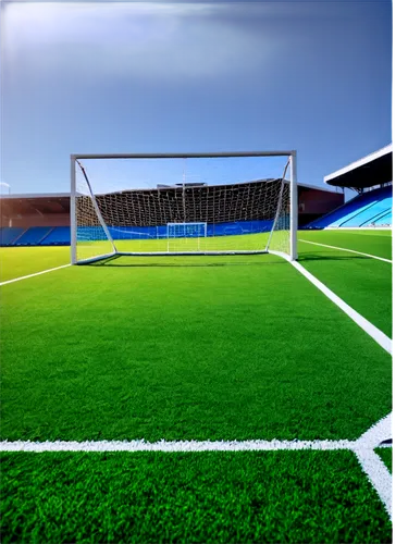 green grass soccer field, sunny day, clear blue sky, white goalposts, net, stadium seats in distance, soft focus, shallow depth of field, warm color tone, cinematic lighting, panoramic view, vibrant g