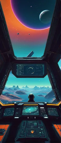 ufo interior,futuristic landscape,horizon,space art,spaceship space,vast,the horizon,expanse,sky space concept,space,out space,cockpit,space voyage,gas planet,dusk,alien planet,orbital,navigation,spaceship,planet,Illustration,Realistic Fantasy,Realistic Fantasy 17