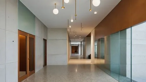 lobby, entrance, minimalist, concrete and terrazzo,an empty hallway with many lights on the ceiling,hallway space,hallway,daylighting,corridor,associati,corridors,concrete ceiling,foyer,ceiling lighti