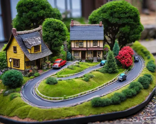 miniature landscape, detailed smallland, custom modifications, tiny houses, scaled trees, artificial river, model train, textured grass, realistic miniature roads, small-scale cars, enhanced lighting,