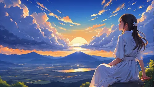 landscape background,mountain sunrise,fantasy picture,heavenward,cielo,serene,beautiful landscape,mount fuji,nature background,high landscape,mountain scene,the horizon,hoshihananomia,beautiful wallpaper,sky,eckankar,daybreak,awakening,heavenly ladder,dreamscape,Illustration,Japanese style,Japanese Style 09