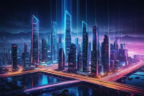 cybercity,cybertown,cyberport,futuristic landscape,cityscape,cyberpunk,guangzhou,metropolis,cyberia,colorful city,futuristic,cyberscene,fantasy city,cyberworld,cybernet,cyberview,city at night,city skyline,shanghai,futurenet,Illustration,Japanese style,Japanese Style 20