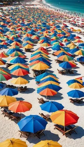 : On the fine white beach, there are rows of umbrella chairs, and colorful beach umbrellas flash in the sun.,summer beach umbrellas,umbrella beach,beach umbrella,parasols,beach chairs,thatch umbrellas