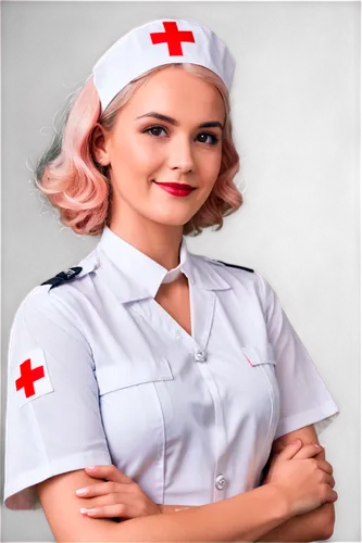 Angelic nurse, gentle smile, soft pink hair, subtle blush, white uniform, red cross emblem, delicate hands, healing aura, warm lighting, shallow depth of field, cinematic composition, 3/4 view, subtle