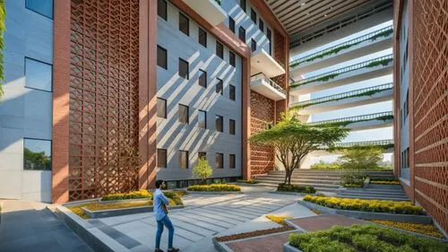 Create the exterior façade of a modern university building with a strong emphasis on brick jali work. The design should integrate a balance of tradition and contemporary architecture, with intricate b