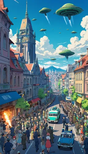 zeppelins,oktoberfest background,airships,sci fiction illustration,fantasy city,cg artwork,street party,ufo,aurora village,cartoon video game background,ufos,game illustration,alien invasion,background image,marketplace,valerian,world digital painting,the market,concept art,odessa,Illustration,Japanese style,Japanese Style 03