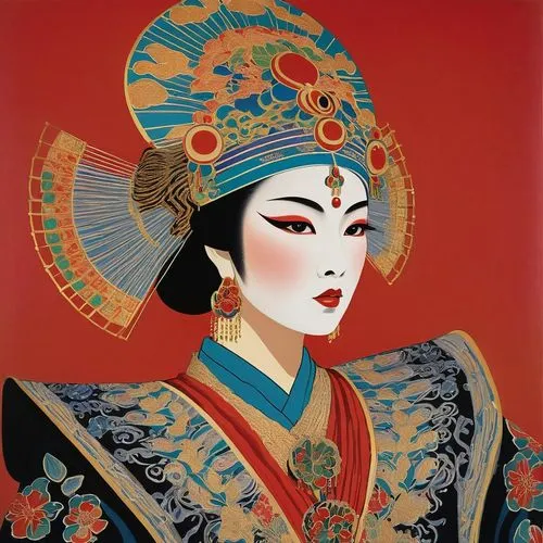 peking opera,taiwanese opera,oriental princess,chinese art,geisha,oriental girl,geisha girl,oriental painting,asian woman,mulan,oriental,tai qi,inner mongolian beauty,japanese art,rou jia mo,japanese woman,yi sun sin,asian costume,asia,vietnamese woman,Illustration,Retro,Retro 26