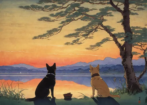 akita inu,akita,cool woodblock images,three dogs,japan landscape,inari,japanese art,idyll,lake tanuki,boy and dog,color dogs,schipperke,dog illustration,hunting dogs,oriental painting,german shepards,canidae,summer evening,formosan mountain dog,dog frame,Illustration,Japanese style,Japanese Style 12