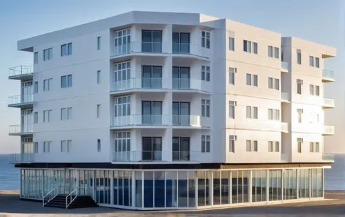 a big white building in front of the water,penthouses,mamaia,appartment building,condominia,apartments,herzliya,Photography,General,Realistic