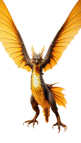 Dragon-shaped, golden scales, fiery eyes, claws outstretched, wings spread wide, ancient texture, mystical aura, solo, dramatic pose, low-angle shot, cinematic lighting, warm color tone, 3/4 compositi