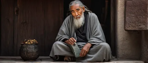 In the serene world of H￤uptel, a wise old sage imparts his wisdom to a lost traveler.,middle eastern monk,indian monk,buddhist monk,pensioner,sadhu,elderly man,man praying,old age,indian sadhu,turpan