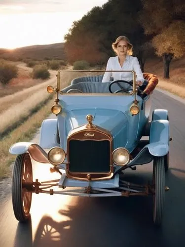 Alice Weidel junior is at the center of the action. She is driving a Ford (Model T) through a Texan landscape, its dark green paint reflecting the bright sunlight. The interior of the old car impresse