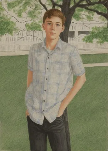 A teenage boy of about 16 years old is standing in a park setting. He has short brown hair, blue eyes, and is wearing a white and black checkered button-down shirt. His right hand is tucked into his p