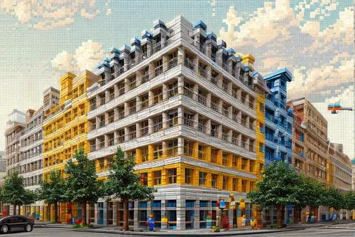 a painting of a building on the corner of a street,samaritaine,grand hotel europe,blauhaus,stockmann,karstadt,bergdorf,Game Scene Design,Game Scene Design,Pixel Building Style