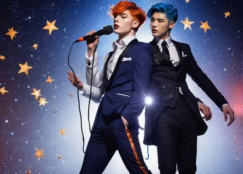 Ginger twink, male idol, 20s, bright orange hair, bold eyebrows, sparkling blue eyes, glamorous makeup, fitted white shirt, skinny black tie, high-waisted tight red pants, pointed silver boots, posing