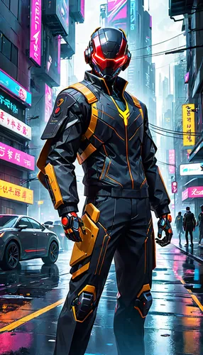 cyberpunk,bumblebee,kryptarum-the bumble bee,sci fiction illustration,nova,cyber,pedestrian,game illustration,electro,ranger,racer,scifi,game art,senna,3d man,yellow jacket,enforcer,motorcycle helmet,futuristic,hk,Anime,Anime,General