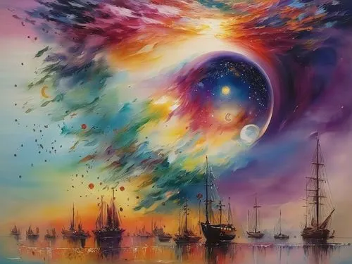 fantasy art,oil painting on canvas,sea fantasy,fantasy picture,sailing ships,sailing ship,colorful spiral,psychedelic art,constellation swan,sea sailing ship,art painting,fireworks art,imagination,wat